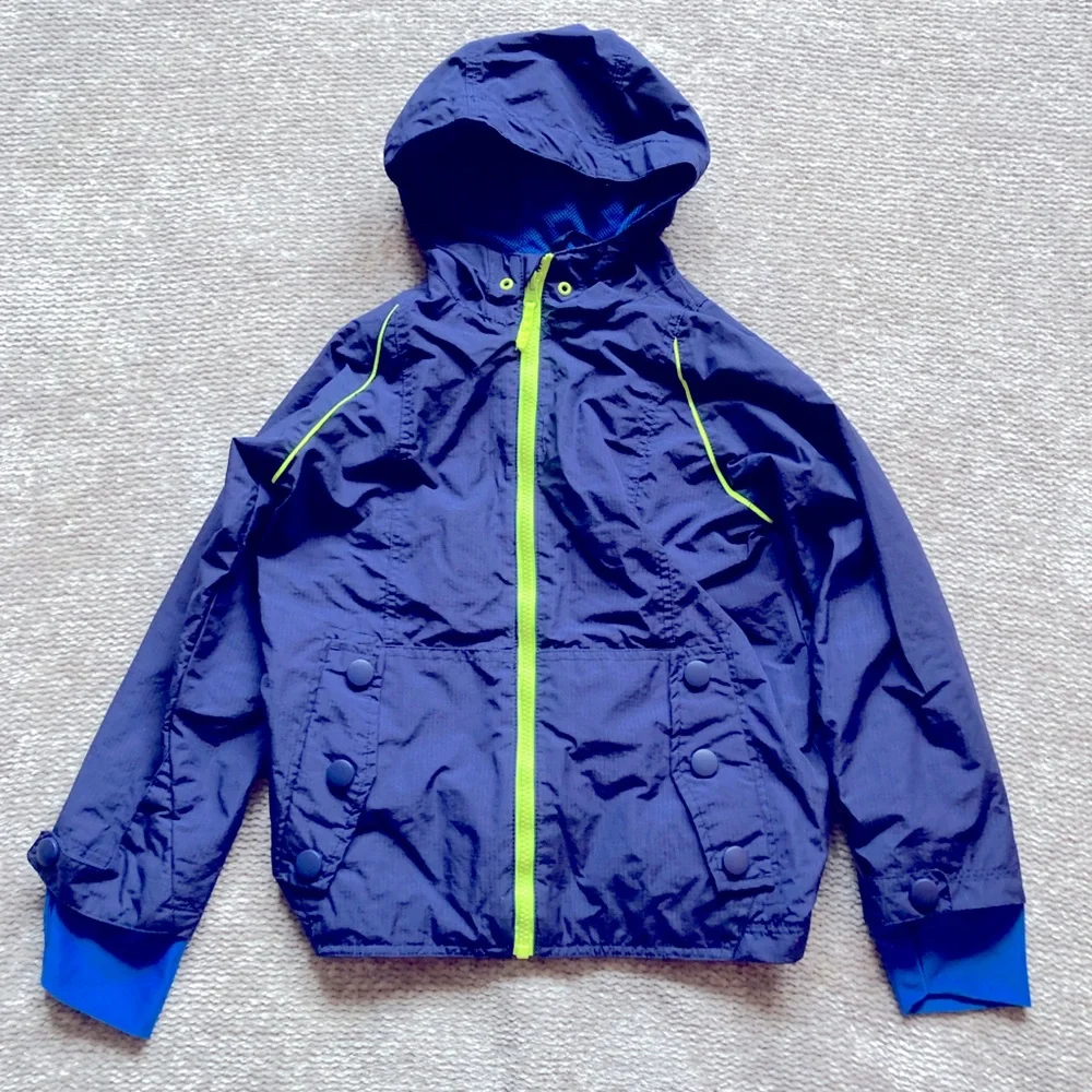The Childrens Place Blue Hooded Windbreaker Jacket Neon Zip Size 5 6